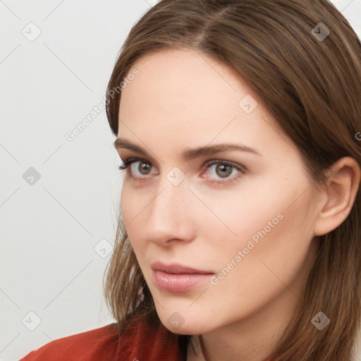 Neutral white young-adult female with long  brown hair and grey eyes