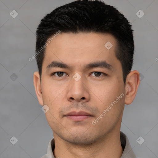 Neutral asian young-adult male with short  black hair and brown eyes