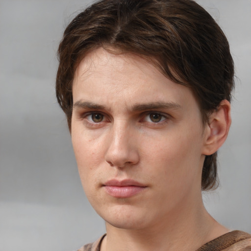 Neutral white young-adult female with medium  brown hair and grey eyes