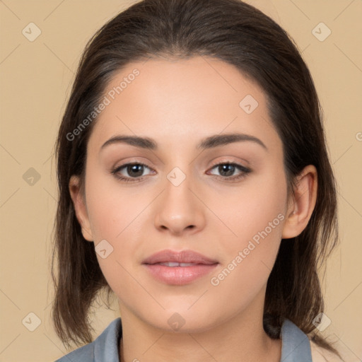 Neutral white young-adult female with medium  brown hair and brown eyes