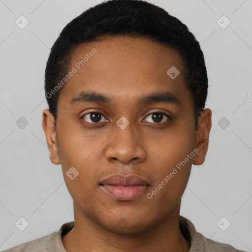 Neutral latino young-adult male with short  brown hair and brown eyes