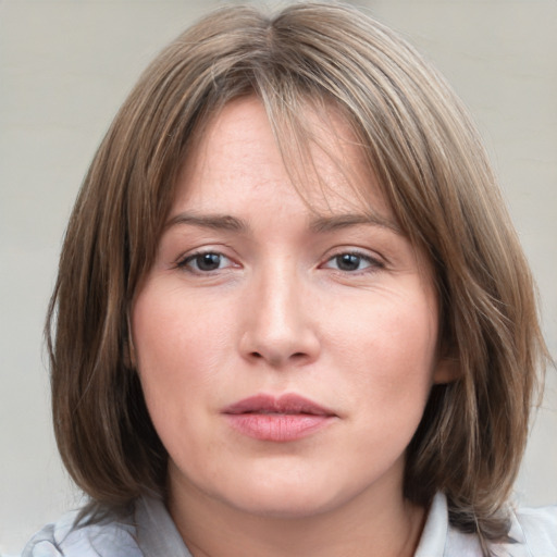 Neutral white young-adult female with medium  brown hair and grey eyes