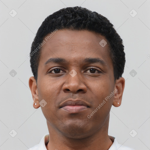 Neutral black young-adult male with short  black hair and brown eyes