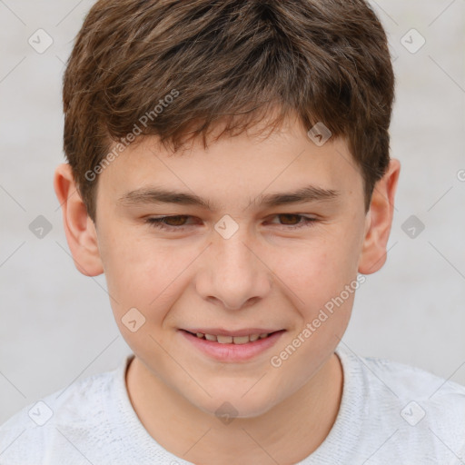 Joyful white child male with short  brown hair and brown eyes