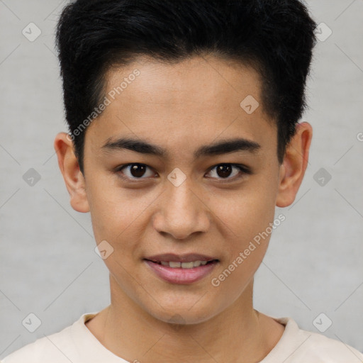 Joyful asian young-adult male with short  black hair and brown eyes