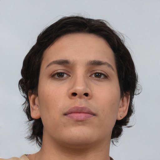 Neutral asian young-adult female with medium  brown hair and brown eyes