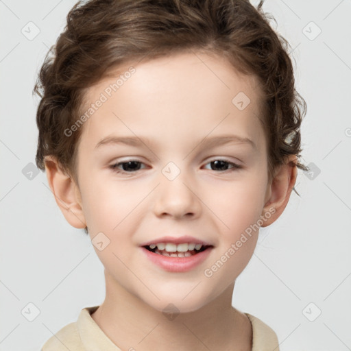 Joyful white child female with short  brown hair and brown eyes