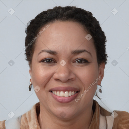 Joyful latino young-adult female with short  brown hair and brown eyes