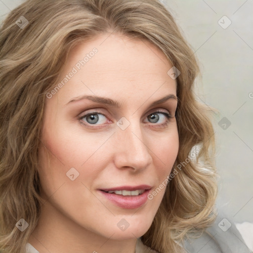 Joyful white young-adult female with long  brown hair and blue eyes