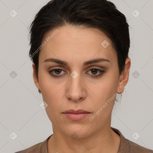 Neutral white young-adult female with short  brown hair and brown eyes