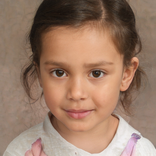 Joyful white child female with medium  brown hair and brown eyes