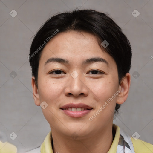 Joyful asian young-adult female with short  brown hair and brown eyes