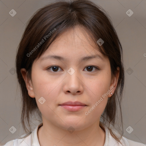 Neutral white young-adult female with medium  brown hair and brown eyes