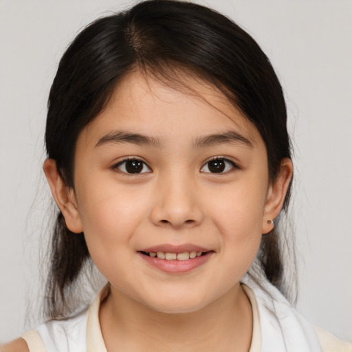 Joyful white child female with medium  brown hair and brown eyes