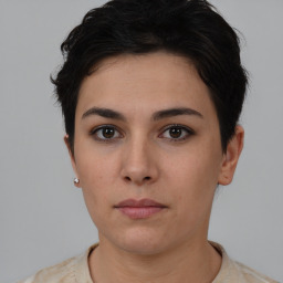 Neutral white young-adult female with short  brown hair and brown eyes