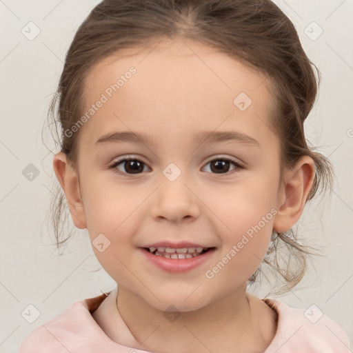 Joyful white child female with medium  brown hair and brown eyes