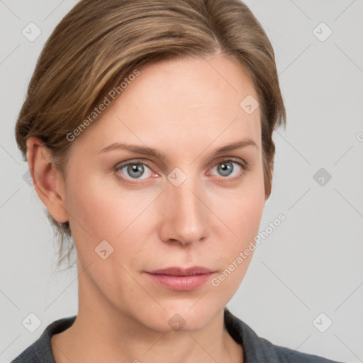 Neutral white young-adult female with medium  brown hair and grey eyes