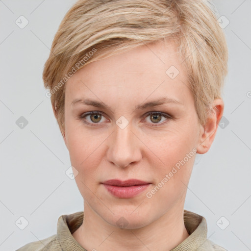 Joyful white young-adult female with short  brown hair and grey eyes