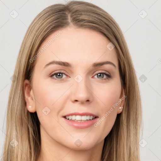 Joyful white young-adult female with long  brown hair and grey eyes