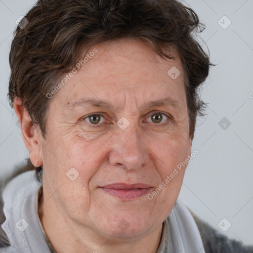 Joyful white middle-aged female with short  brown hair and brown eyes