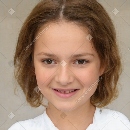 Joyful white child female with medium  brown hair and brown eyes