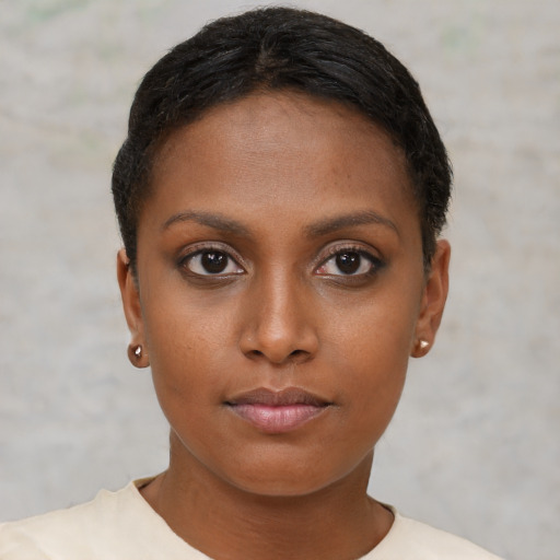 Neutral asian young-adult female with short  brown hair and brown eyes