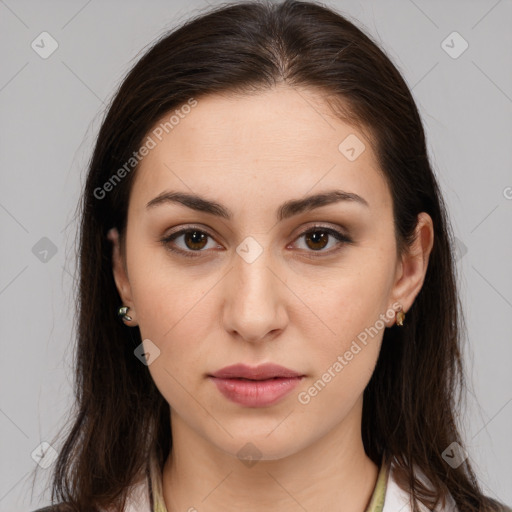 Neutral white young-adult female with medium  brown hair and brown eyes