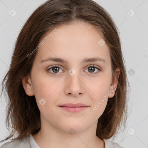 Neutral white young-adult female with medium  brown hair and brown eyes