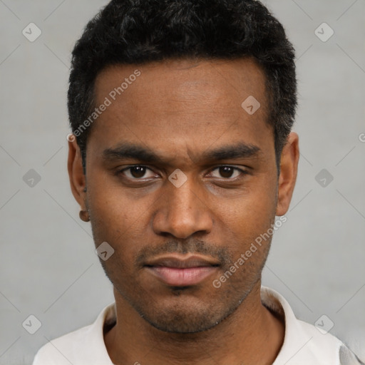Neutral latino young-adult male with short  black hair and brown eyes