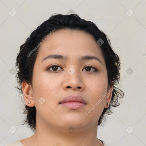 Neutral asian young-adult female with medium  brown hair and brown eyes