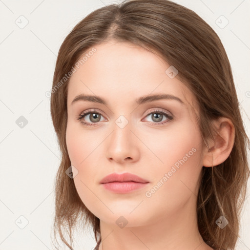 Neutral white young-adult female with long  brown hair and grey eyes