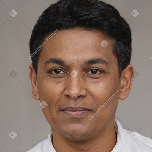 Joyful latino adult male with short  black hair and brown eyes