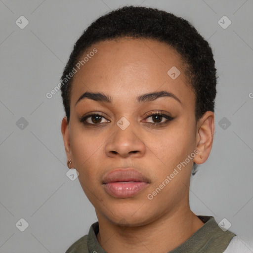 Neutral black young-adult female with short  black hair and brown eyes