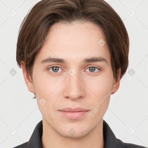 Neutral white young-adult male with short  brown hair and brown eyes