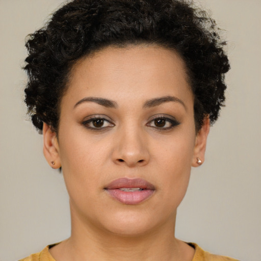 Neutral latino young-adult female with short  brown hair and brown eyes