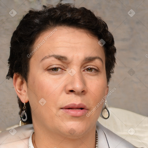 Neutral white adult female with short  brown hair and brown eyes