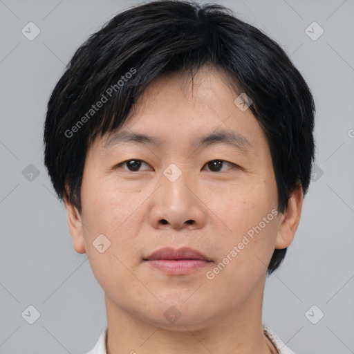 Neutral asian adult male with short  black hair and brown eyes