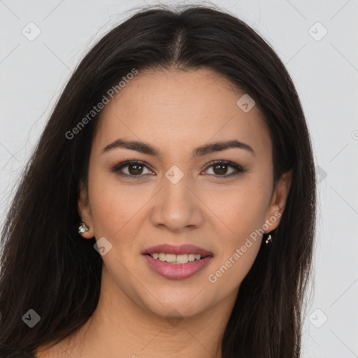 Joyful white young-adult female with long  brown hair and brown eyes