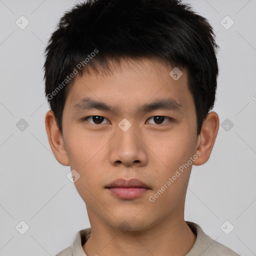 Neutral asian young-adult male with short  brown hair and brown eyes