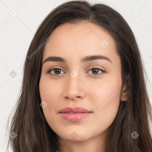 Neutral white young-adult female with long  brown hair and brown eyes