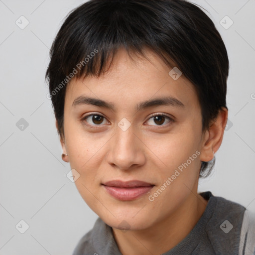 Joyful white young-adult female with short  brown hair and brown eyes