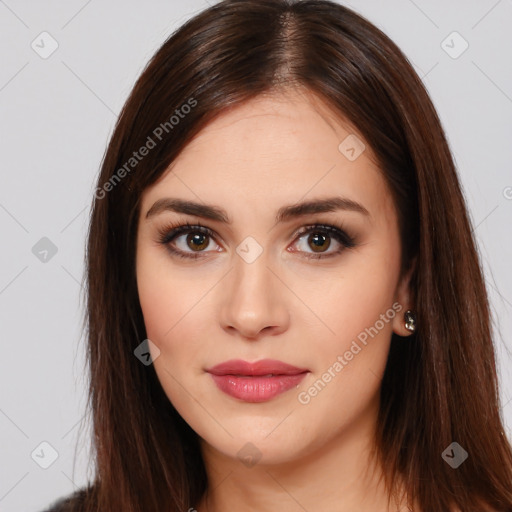 Neutral white young-adult female with long  brown hair and brown eyes