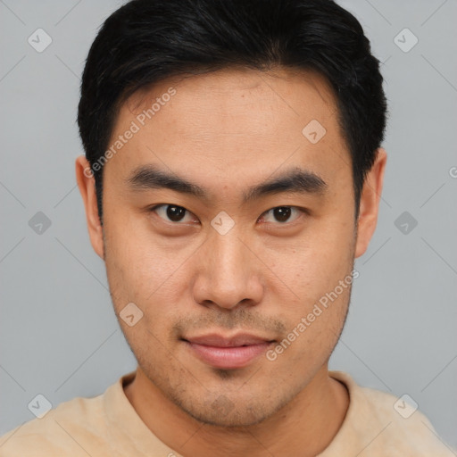 Neutral asian young-adult male with short  brown hair and brown eyes