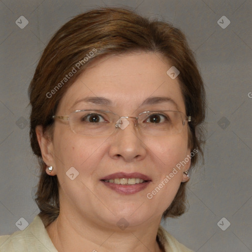 Joyful white adult female with medium  brown hair and brown eyes