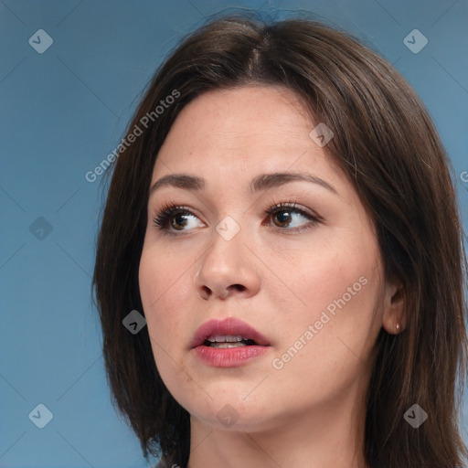 Neutral white young-adult female with medium  brown hair and brown eyes