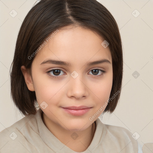 Joyful white child female with medium  brown hair and brown eyes