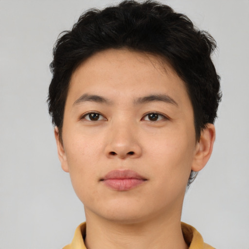 Neutral asian young-adult male with short  brown hair and brown eyes