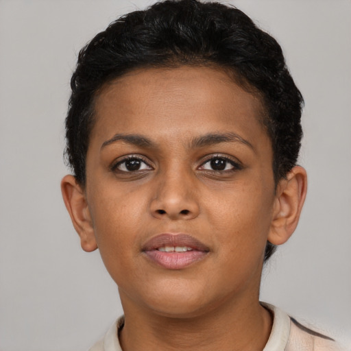 Neutral black young-adult female with short  brown hair and brown eyes