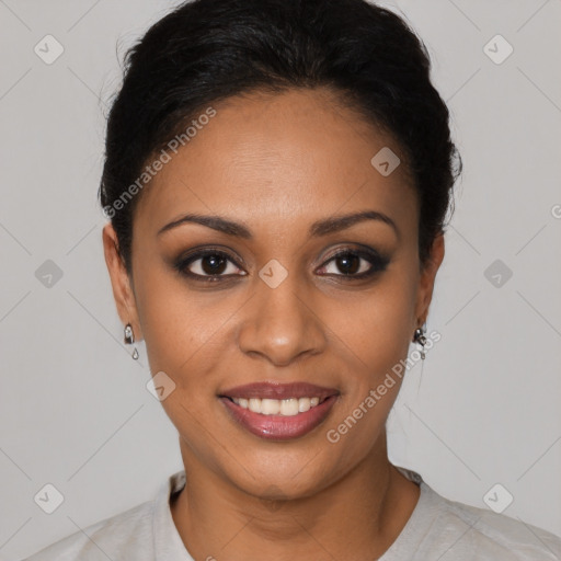 Joyful latino young-adult female with short  black hair and brown eyes