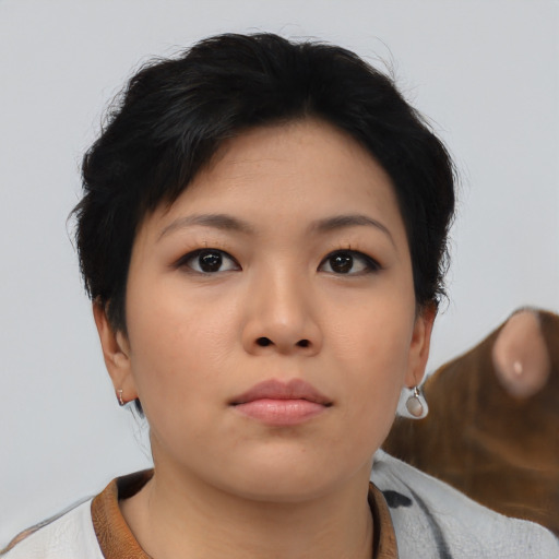 Neutral asian young-adult female with short  black hair and brown eyes